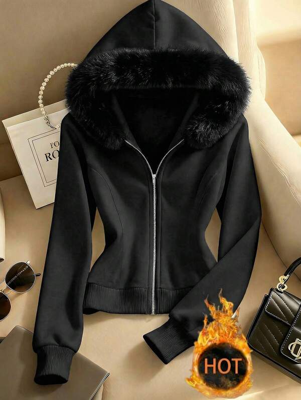Moletom Com Capuz Com Zíper Gola Peluciada E Ribana