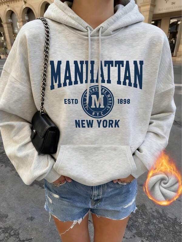 Moletom Com Capuz Bolso Canguru Lettering Manhattan