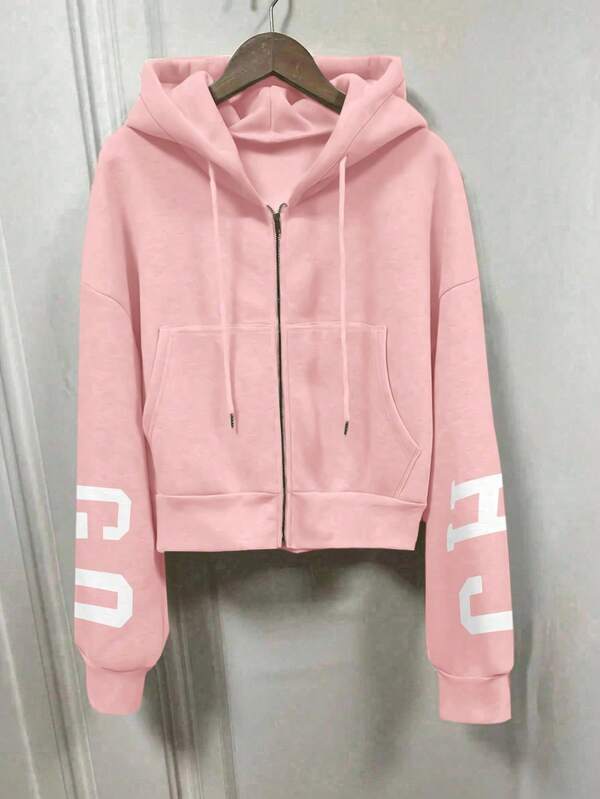 Moletom Com Capuz Com Zíper Estampa College Costas Cropped
