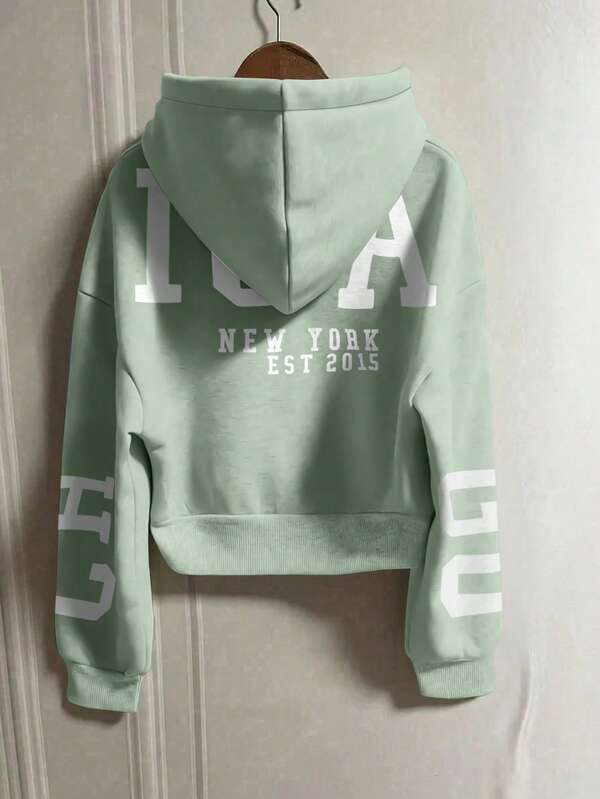 Moletom Com Capuz Com Zíper Estampa College Costas Cropped