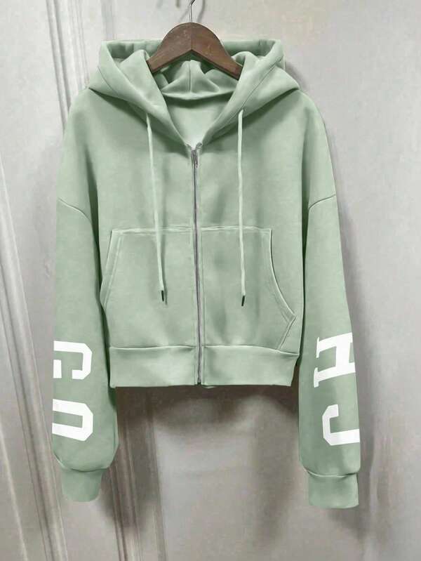 Moletom Com Capuz Com Zíper Estampa College Costas Cropped