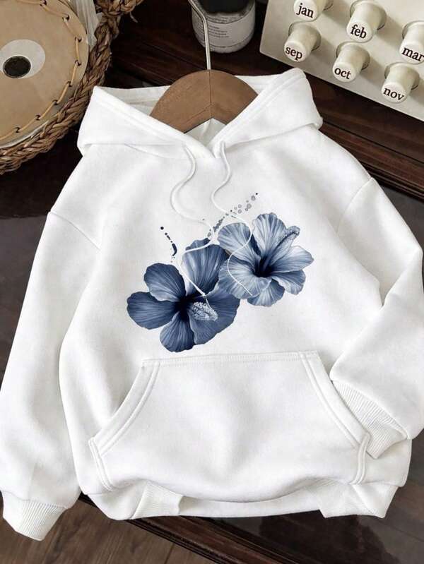 Moletom Com Capuz Bolso Canguru Estampa Floral e Cordão
