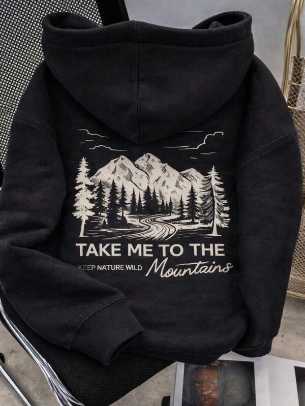 Moletom Com Capuz Estampa de Montanhas Lettering e Ribana