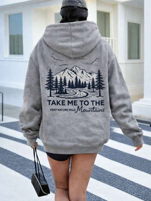 Moletom Com Capuz Estampa de Montanhas Lettering e Ribana