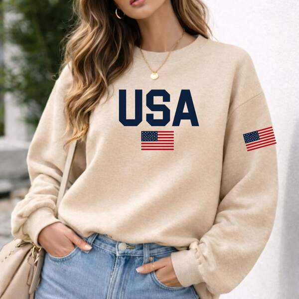 Moletom Gola Careca Lettering USA Estampa Bandeira Ribana