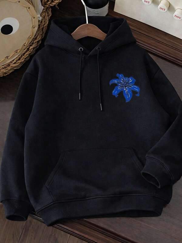 Moletom Com Capuz Estampa Floral Marinha Nas Costas Ribana