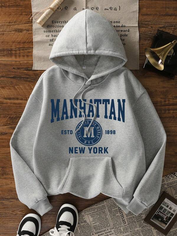 Moletom Com Capuz Bolso Canguru Lettering Manhattan