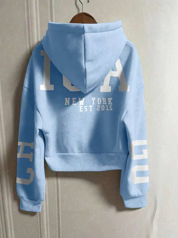 Moletom Com Capuz Com Zíper Estampa College Costas Cropped