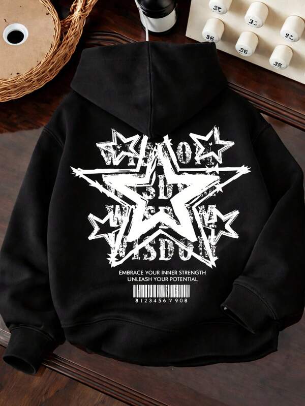 Moletom Com Capuz Estampa de Estrelas Lettering e Ribana