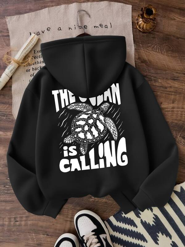 Moletom Com Capuz Estampa de Tartaruga Lettering e Ribana