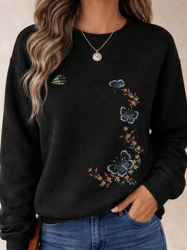 Moletom Gola Careca Estampa Borboleta Floral Com Ribana