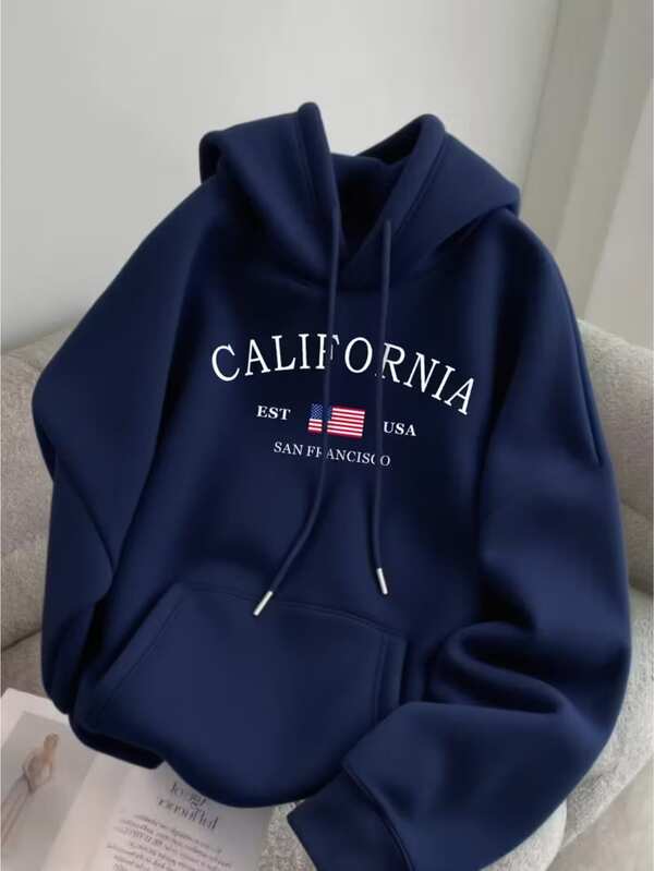 Moletom Com Capuz Estampa Bandeira Lettering E Cordão