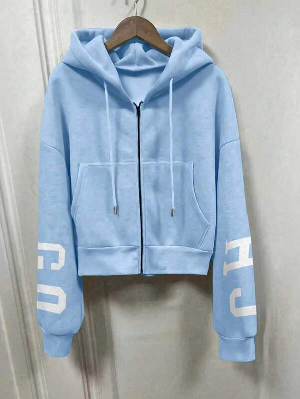 Moletom Com Capuz Com Zíper Estampa College Costas Cropped