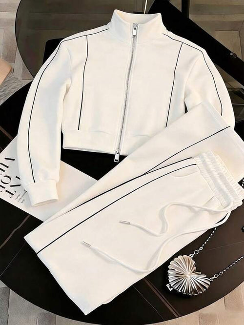 Conjunto Moletom Com Zíper Recortes Contrastantes Bordado
