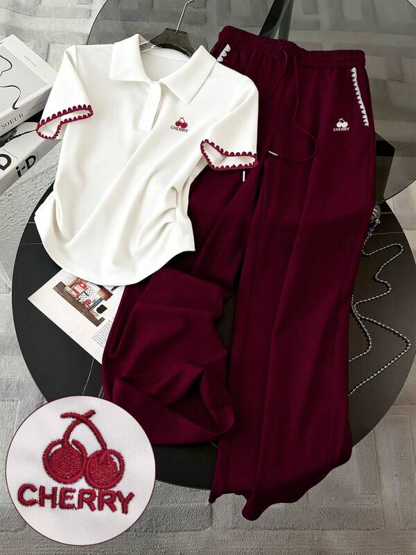 Conjunto Moletom Gola Polo Bordado Cereja Calça Com Faixa