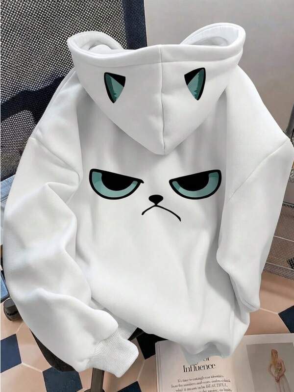 Moletom Com Capuz Bolso Canguru Estampa de Gato e Cordão