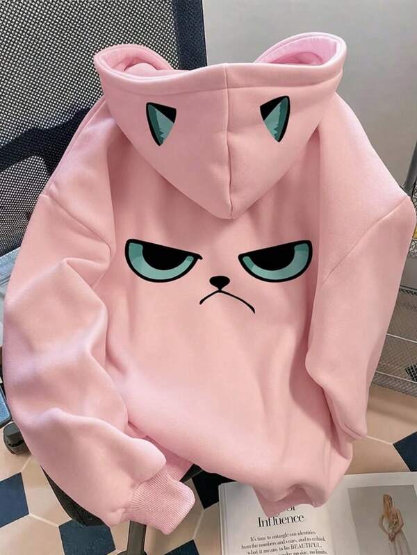 Moletom Com Capuz Bolso Canguru Estampa de Gato e Cordão