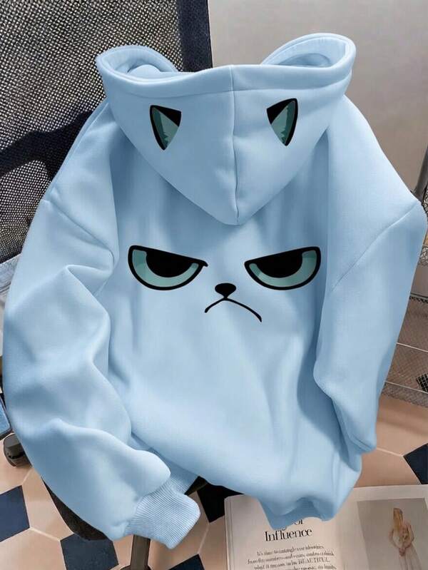 Moletom Com Capuz Bolso Canguru Estampa de Gato e Cordão
