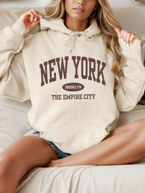 Moletom Com Capuz Lettering New York Bolso Canguru Ribana