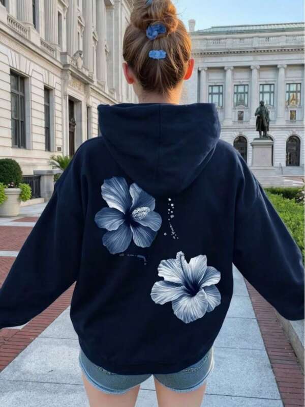 Moletom Com Capuz Estampa Floral Nas Costas Com Ribana