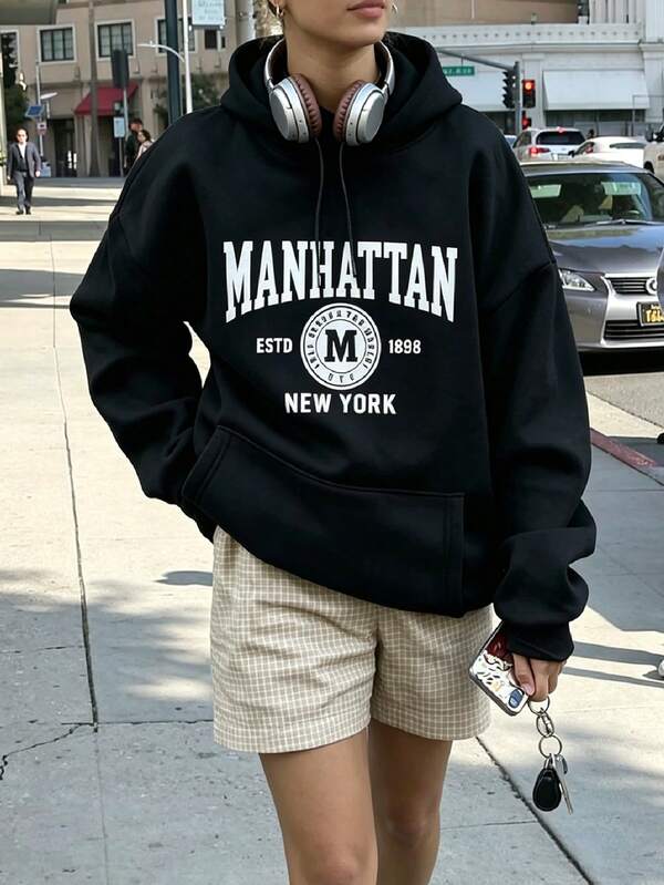 Moletom Com Capuz Bolso Canguru Lettering Manhattan