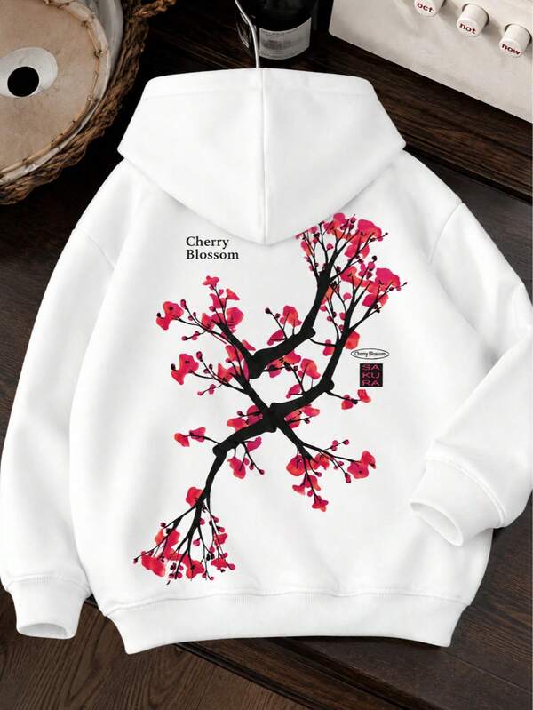 Moletom Com Capuz Bolso Canguru Estampa Floral e Lettering