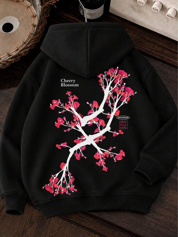 Moletom Com Capuz Bolso Canguru Estampa Floral e Lettering