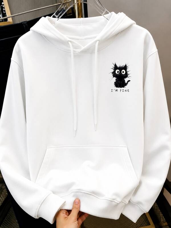 Moletom Com Capuz Bolso Canguru Estampa de Gato e Lettering