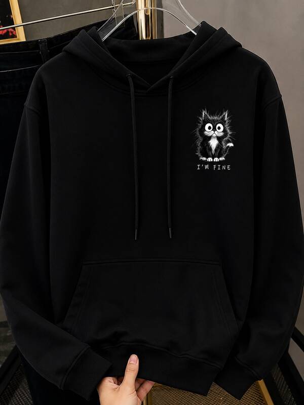 Moletom Com Capuz Bolso Canguru Estampa de Gato e Lettering