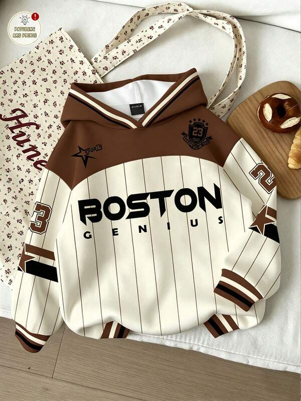 Moletom Com Capuz Listrado Lettering Boston Patch e Ribana