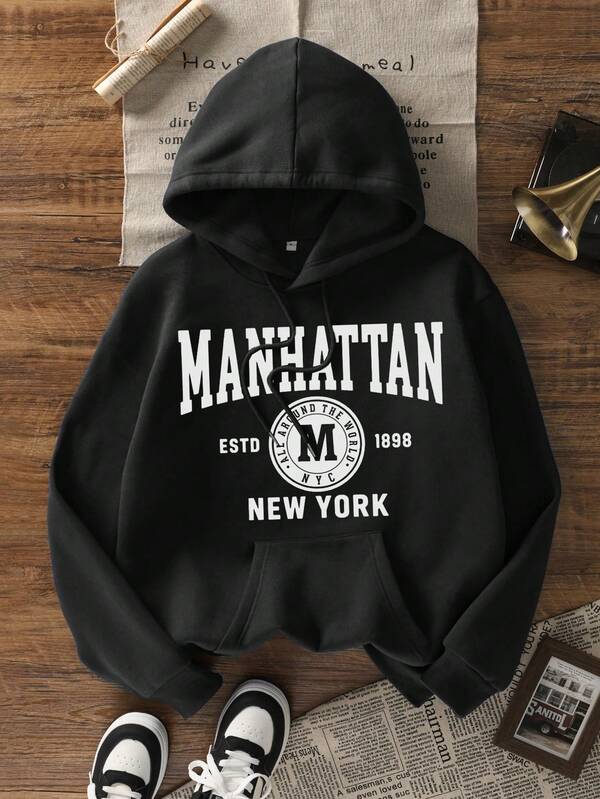 Moletom Com Capuz Bolso Canguru Lettering Manhattan
