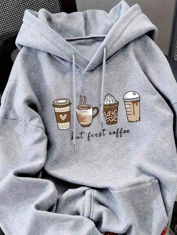 Moletom Com Capuz Bolso Canguru Estampa Café Com Cordão