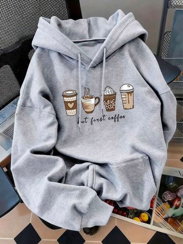 Moletom Com Capuz Bolso Canguru Estampa Café Com Cordão