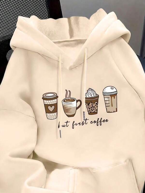 Moletom Com Capuz Bolso Canguru Estampa de Café e Lettering