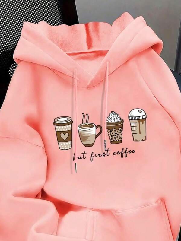 Moletom Com Capuz Bolso Canguru Estampa Café Com Cordão
