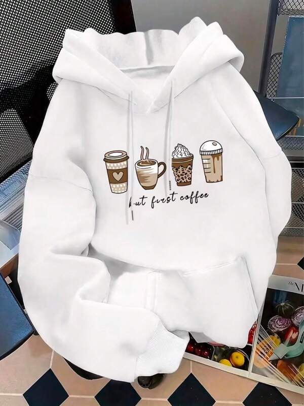 Moletom Com Capuz Bolso Canguru Estampa Café Com Cordão