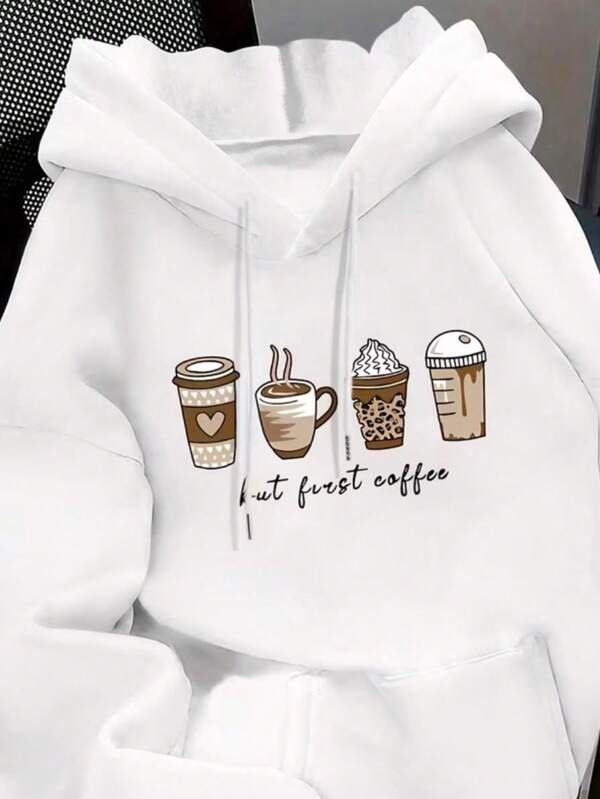 Moletom Com Capuz Bolso Canguru Estampa de Café e Lettering