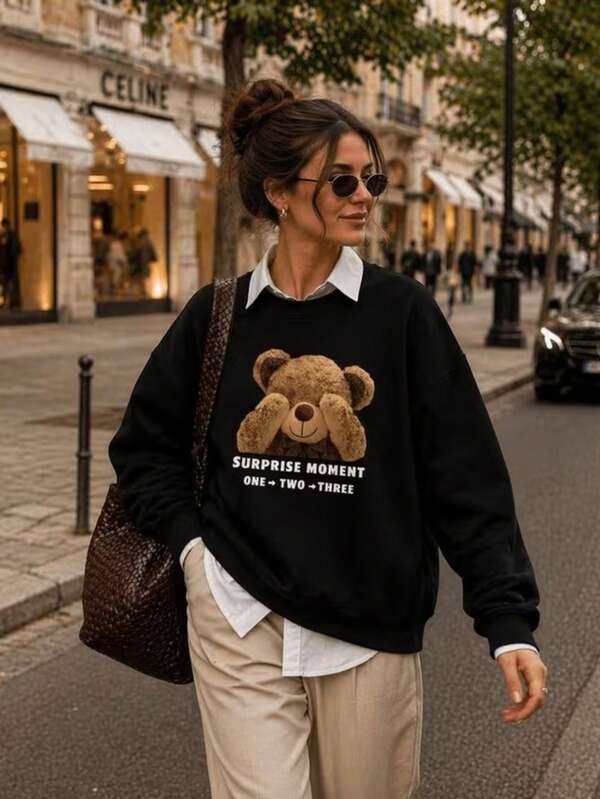 Moletom Gola Careca Estampa de Urso com Lettering Frontal